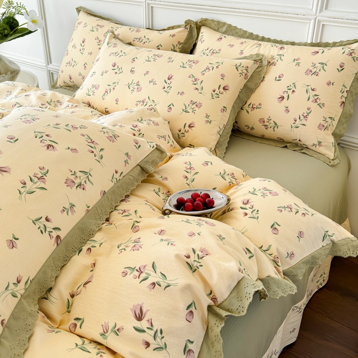 91家纺网 家纺一手货源 找家纺 可思家纺 2024新款韩版花边木棉皱皱纱四件套系列 木棉-芳华