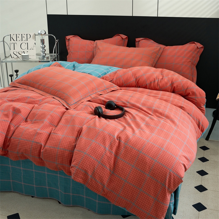 91家纺网 家纺一手货源 找家纺 三沁家居 2025新款格子色织全棉水洗棉四件套直播爆款量大价优 偶遇兰橘