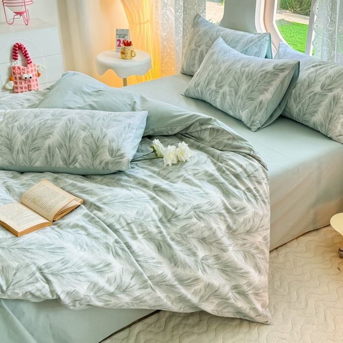 91家纺网 家纺一手货源 找家纺 千朵 2024新款全棉磨毛小清新印花四件套 羽裳绿