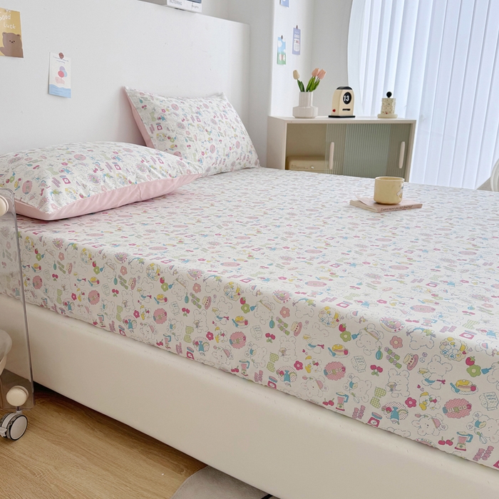 91家纺网 家纺一手货源 找家纺 柠馨 2024新款简约全棉时尚印花床笠 枝枝桃桃