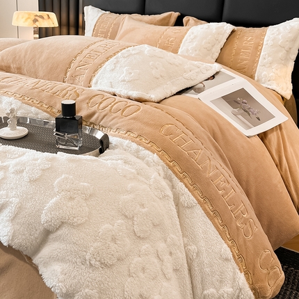 苏源家居 2024新款牛奶绒轻奢风拼接花漾系列四件套 花漾-香槟金