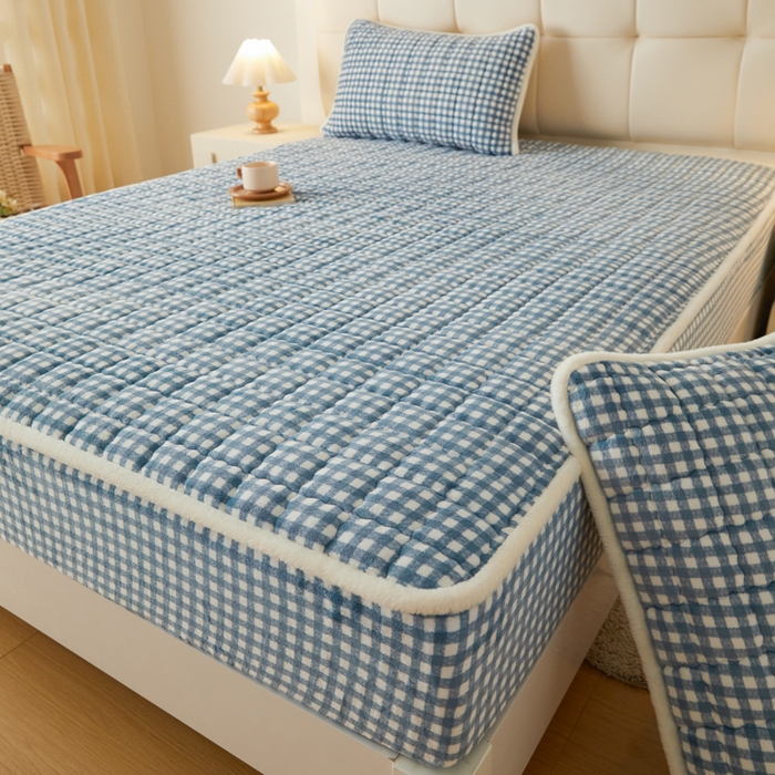 91家纺网 家纺一手货源 找家纺 鑫钰 2024新款A类无印风牛奶绒大豆夹棉床笠-暖格 暖格-蓝小格