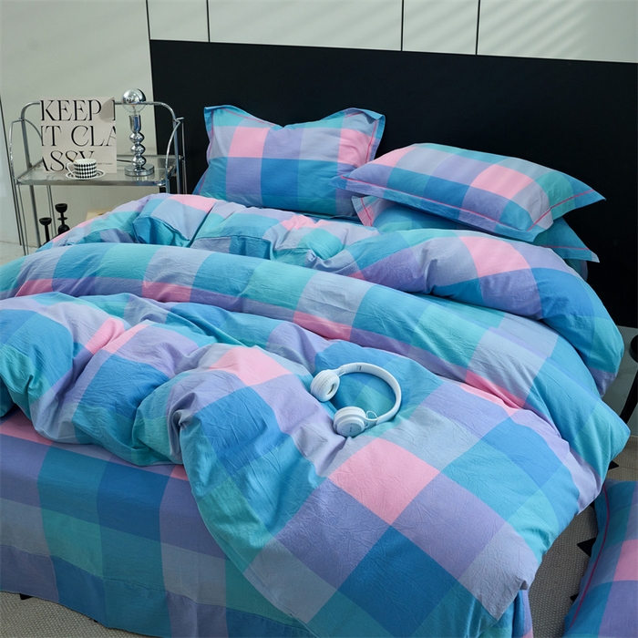 91家纺网 家纺一手货源 找家纺 三沁家居 2025新款格子色织全棉水洗棉四件套直播爆款量大价优 彩虹大格