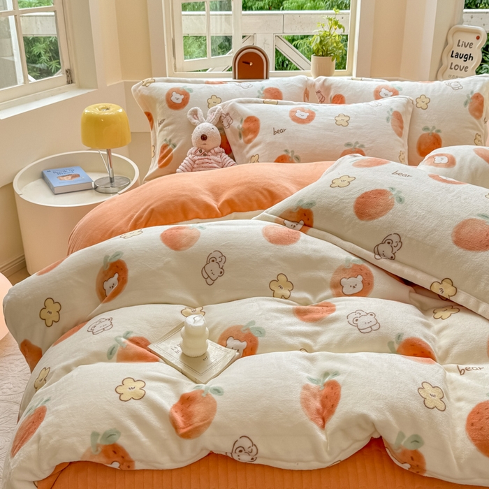 91家纺网 家纺一手货源 找家纺 尚美 2024新款高克重印花花边牛奶绒床盖四件套 甜橙