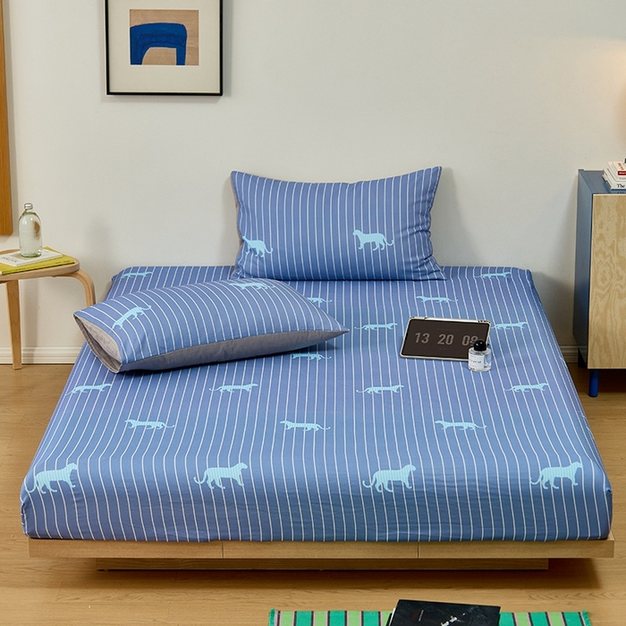 91家纺网 家纺一手货源 找家纺 8小时家纺 2024新款40s双层纱单品四件套系列-床笠 蓝色条纹豹子