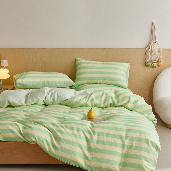 91家纺网 家纺一手货源 找家纺 8小时家纺 2024新款40s双层纱单品四件套系列-四件套 条纹青柠绿