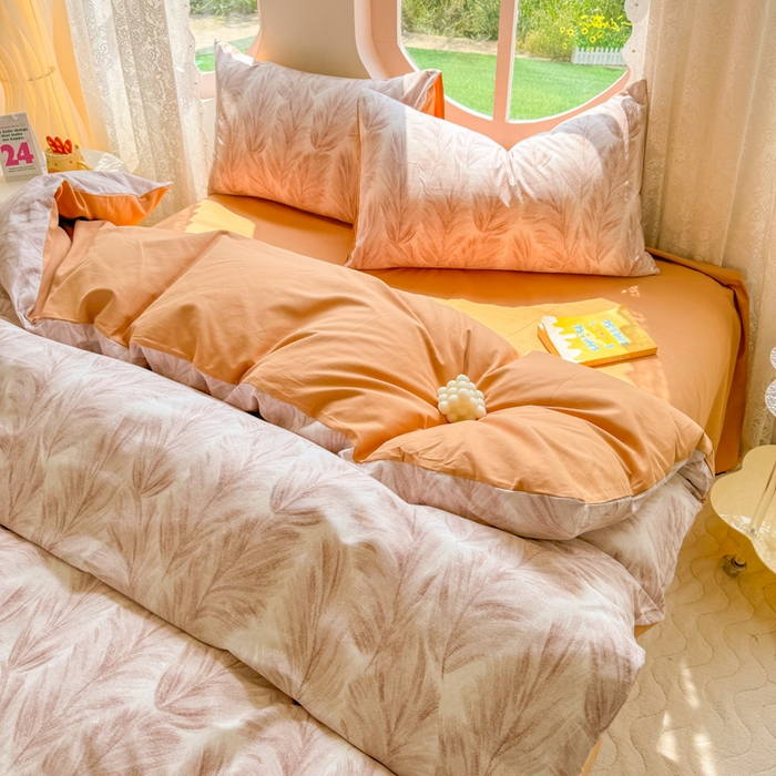 91家纺网 家纺一手货源 找家纺 千朵 2024新款全棉磨毛小清新印花四件套 羽裳咖