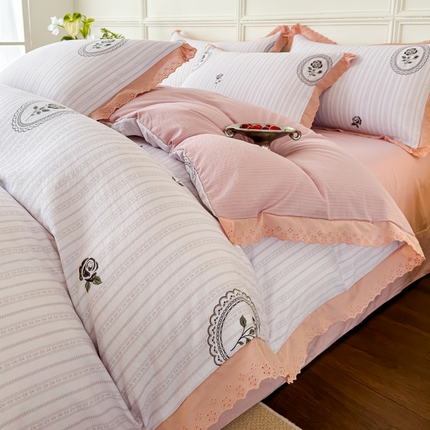 91家纺网 家纺一手货源 找家纺 （总）可思家纺 2024新款韩版花边木棉皱皱纱四件套系列