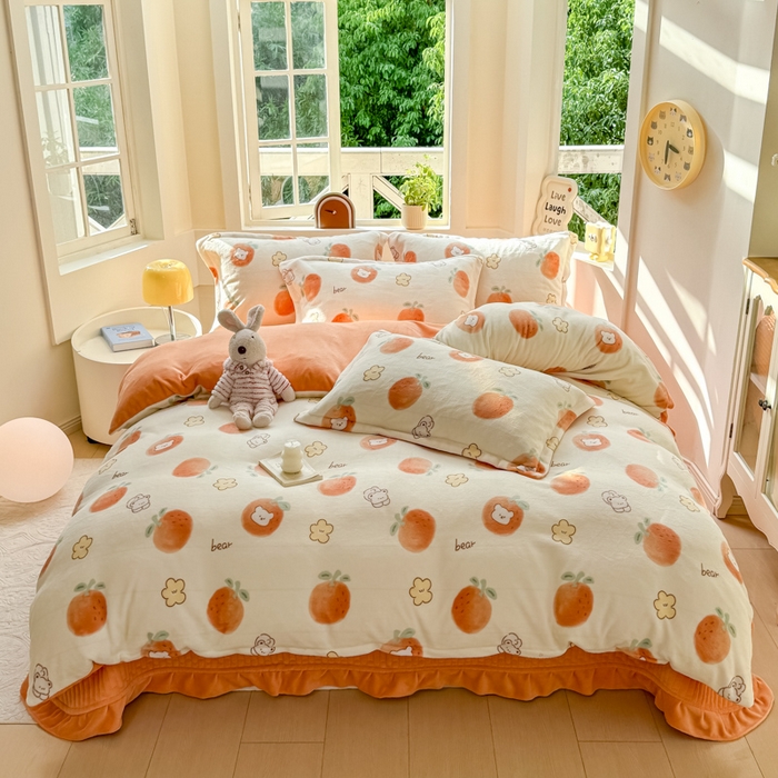 91家纺网 家纺一手货源 找家纺 尚美 2024新款高克重印花花边牛奶绒床盖四件套 甜橙