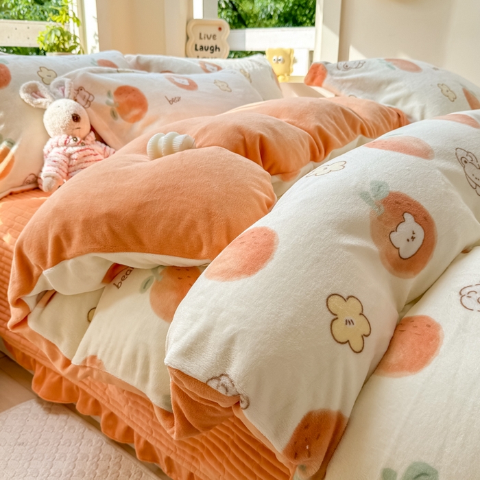 91家纺网 家纺一手货源 找家纺 尚美 2024新款高克重印花花边牛奶绒床盖四件套 甜橙