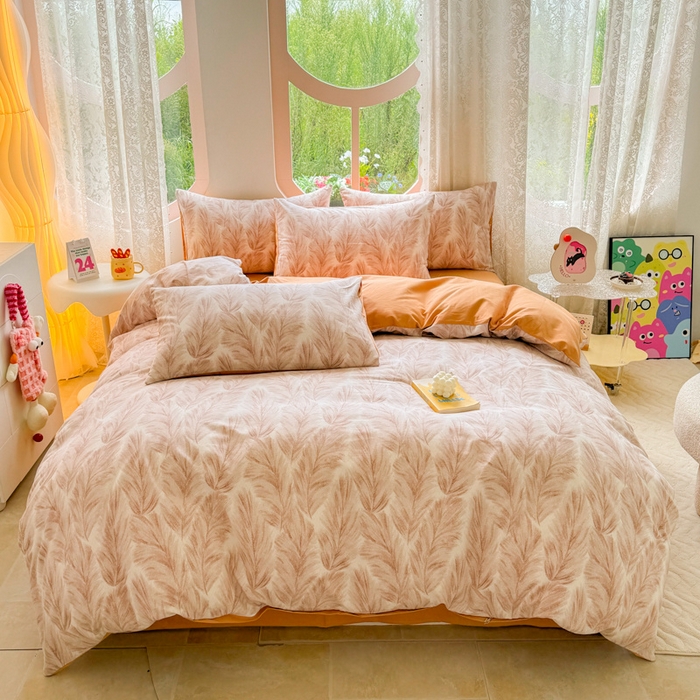 91家纺网 家纺一手货源 找家纺 千朵 2024新款全棉磨毛小清新印花四件套 羽裳咖