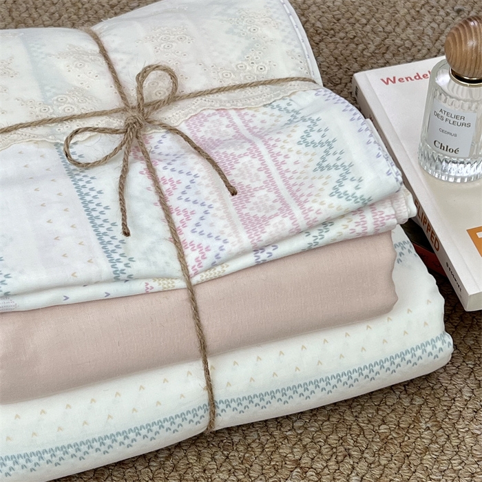 91家纺网 家纺一手货源 找家纺 2024新款全棉印花双层纱四件套--蕾丝花边款 甜心小姐