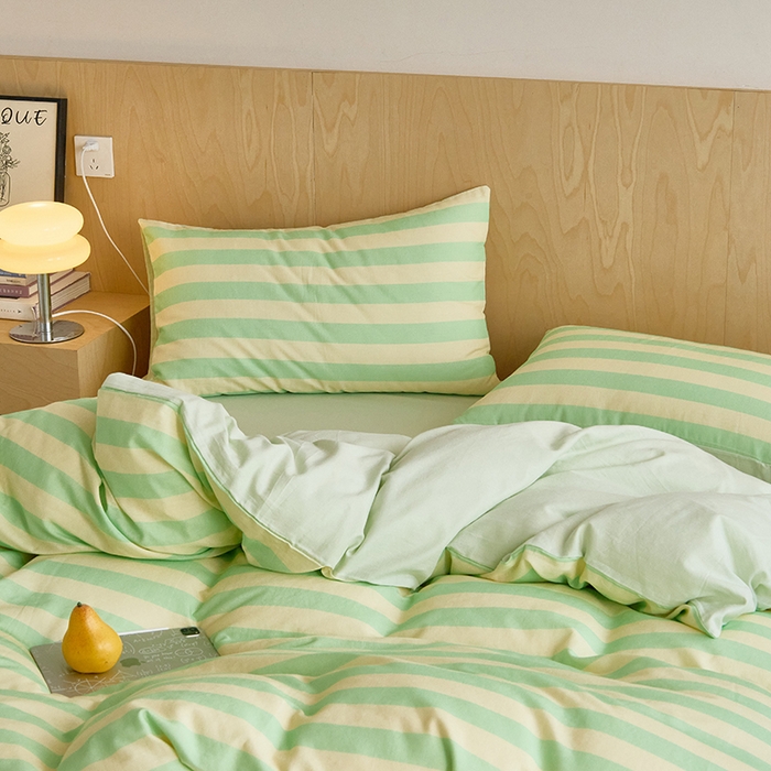 91家纺网 家纺一手货源 找家纺 8小时家纺 2024新款40s双层纱单品四件套系列-四件套 条纹青柠绿