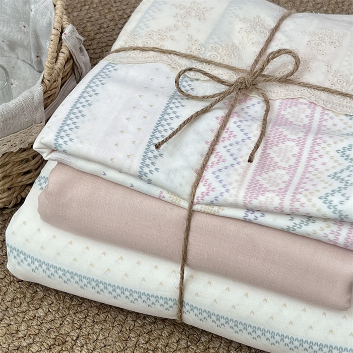 91家纺网 家纺一手货源 找家纺 2024新款全棉印花双层纱四件套--蕾丝花边款 甜心小姐