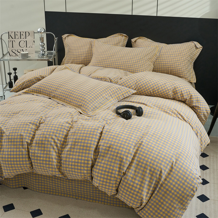 91家纺网 家纺一手货源 找家纺 三沁家居 2025新款格子色织全棉水洗棉四件套直播爆款量大价优 紫黄小格