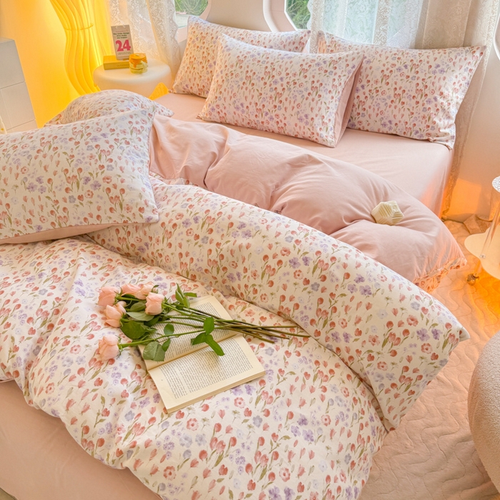 91家纺网 家纺一手货源 找家纺 千朵 2024新款全棉磨毛小清新印花四件套 桃之夭夭