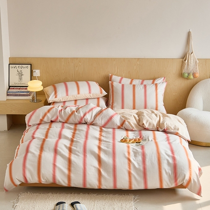 8小时家纺 2024新款40s双层纱单品四件套系列-四件套 条纹红橙