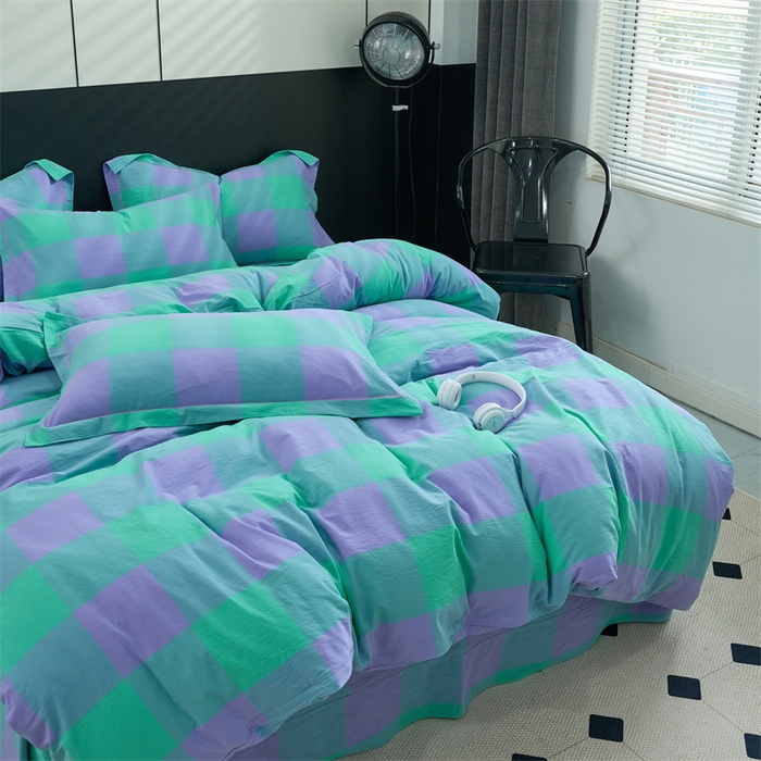 91家纺网 家纺一手货源 找家纺 三沁家居 2025新款格子色织全棉水洗棉四件套直播爆款量大价优 绿野仙踪大格