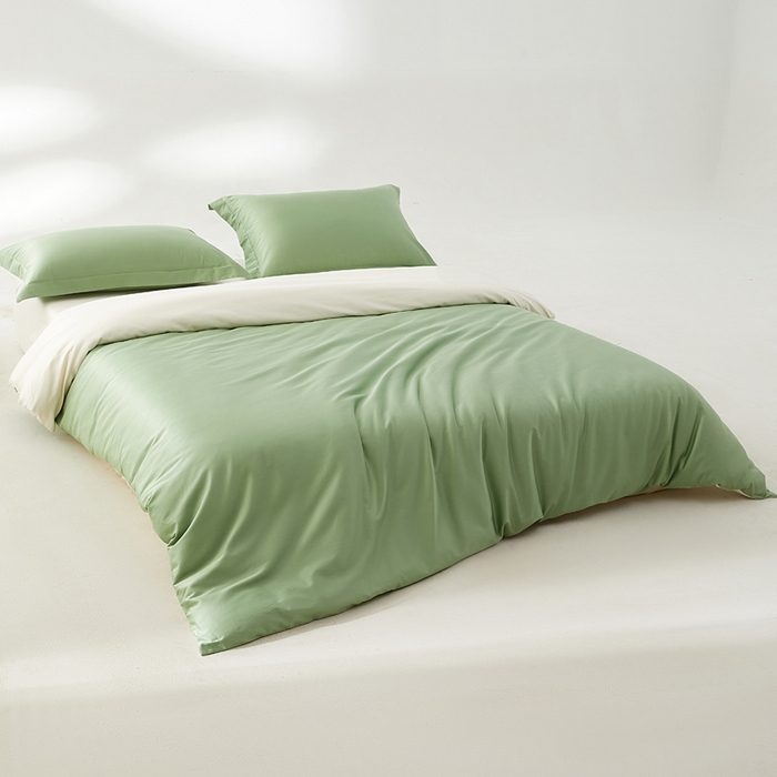 91家纺网 家纺一手货源 找家纺 轩和家居 2024新款A类50S贡缎长绒棉单被套系列 抹茶绿+浅香槟