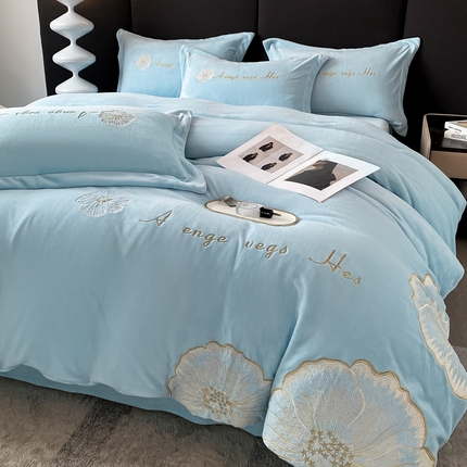 你好美丽 2025新款牛奶绒A类200克四件套刺绣香韵-花之语 花之语蓝