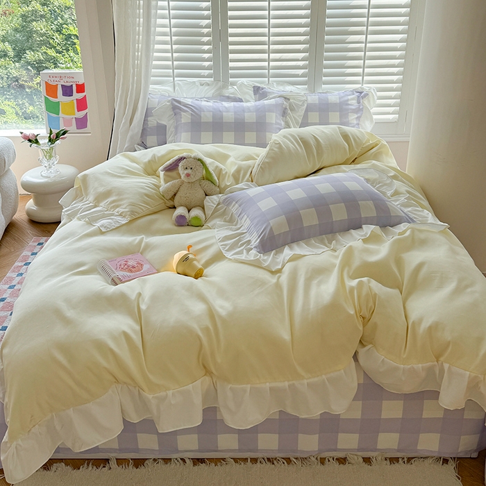 91家纺网 家纺一手货源 找家纺 桃心家居 2024新款A类亲肤舒适软糯云柔水洗棉化纤韩版奶油格子撞色水洗棉系列四件套 水洗棉花边-H黄黄紫格