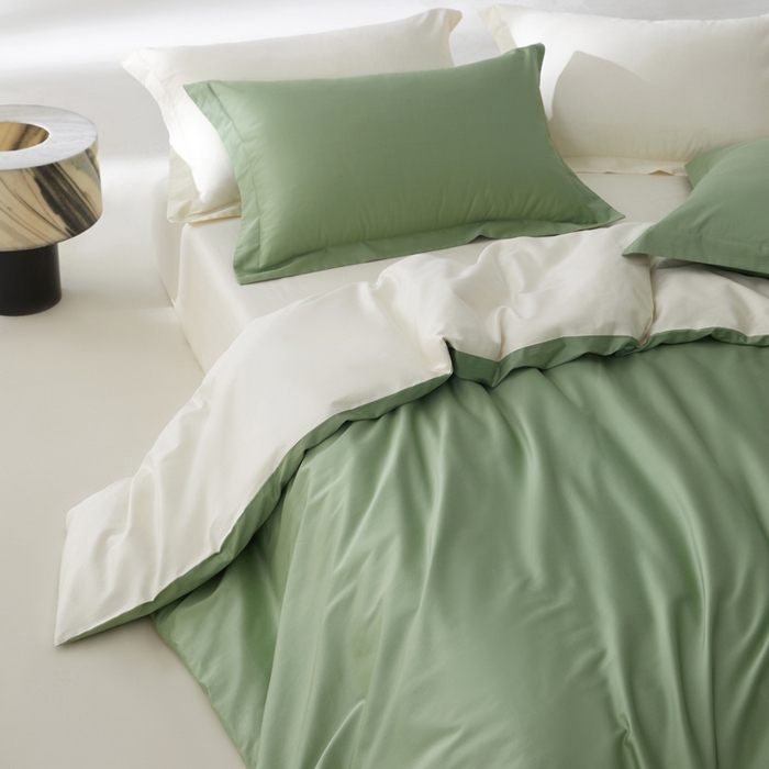 91家纺网 家纺一手货源 找家纺 轩和家居 2024新款A类50S贡缎长绒棉单被套系列 抹茶绿+浅香槟