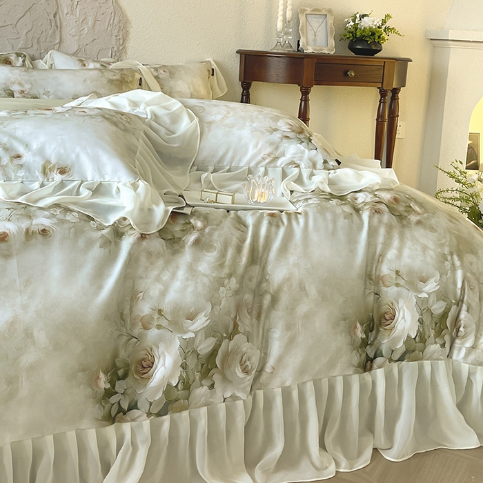 91家纺网 家纺一手货源 找家纺 A类全工艺全棉磨毛四件套纯棉雪纺纱拼接浪漫法式风加厚保暖床单被套秋冬床上用品 星玥绿