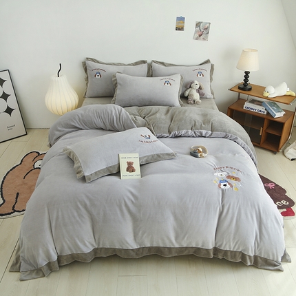 大渔生活 2025新款高克重卡通牛奶绒刺绣四件套--耶耶狗 耶耶狗-灰