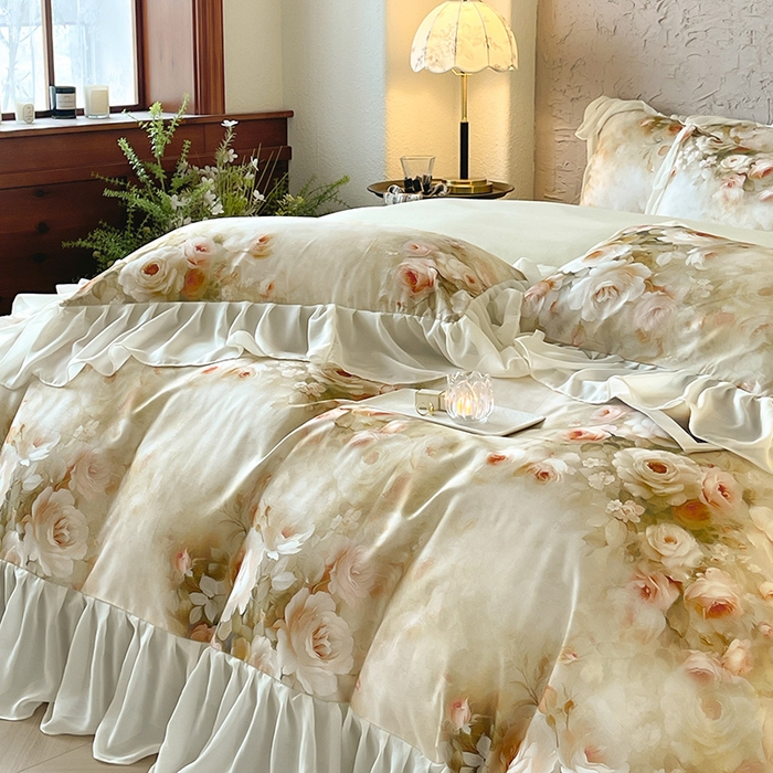 91家纺网 家纺一手货源 找家纺 A类全工艺全棉磨毛四件套纯棉雪纺纱拼接浪漫法式风加厚保暖床单被套秋冬床上用品 竹叶杏