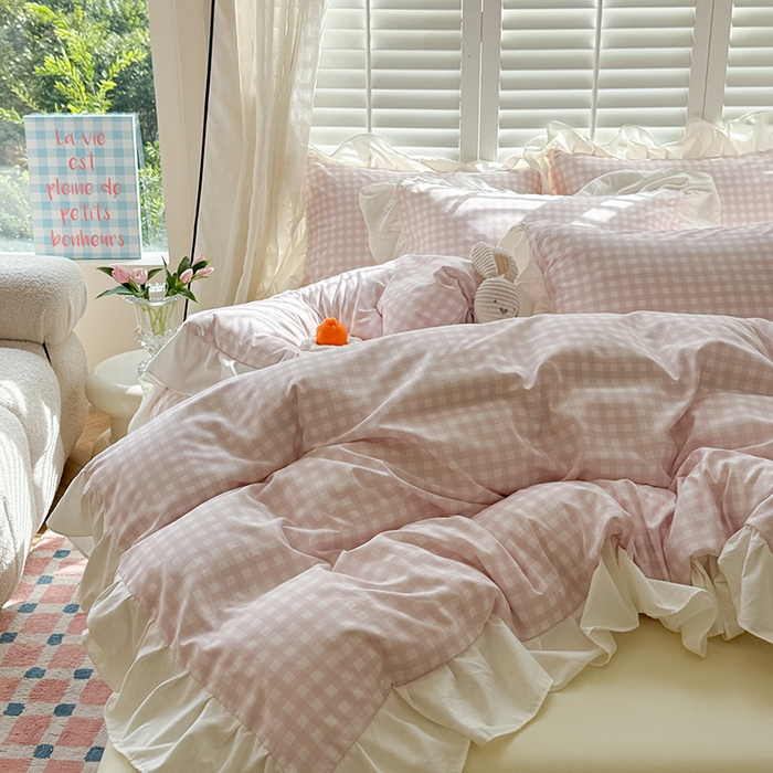 91家纺网 家纺一手货源 找家纺 （总）桃心家居 2024新款A类亲肤舒适软糯云柔水洗棉化纤韩版奶油格子撞色水洗棉系列四件套