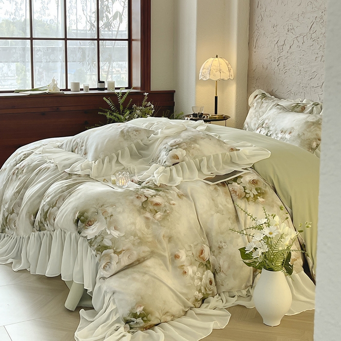 91家纺网 家纺一手货源 找家纺 A类全工艺全棉磨毛四件套纯棉雪纺纱拼接浪漫法式风加厚保暖床单被套秋冬床上用品 星玥绿