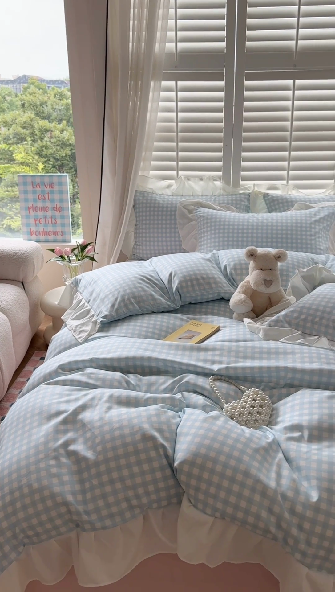 91家纺网 家纺一手货源 找家纺 桃心家居 2024新款A类亲肤舒适软糯云柔水洗棉化纤韩版奶油格子撞色水洗棉系列四件套 水洗棉花边-H粉蓝格