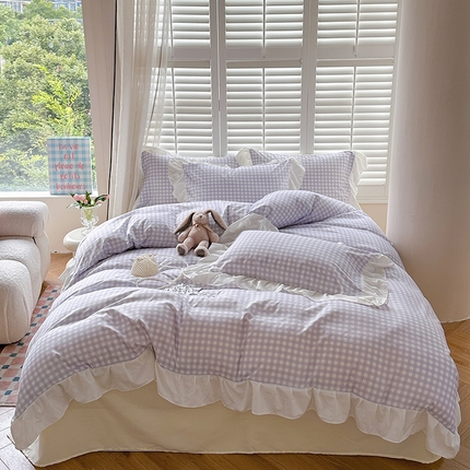 91家纺网 家纺一手货源 找家纺 （总）桃心家居 2024新款A类亲肤舒适软糯云柔水洗棉化纤韩版奶油格子撞色水洗棉系列四件套