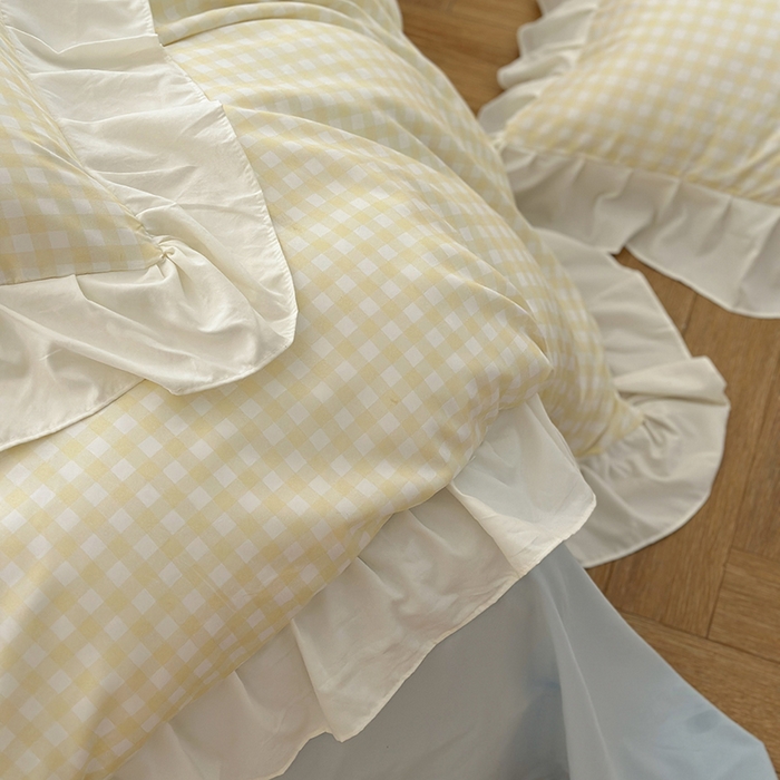 91家纺网 家纺一手货源 找家纺 桃心家居 2024新款A类亲肤舒适软糯云柔水洗棉化纤韩版奶油格子撞色水洗棉系列四件套 水洗棉花边-H奶黄格蓝