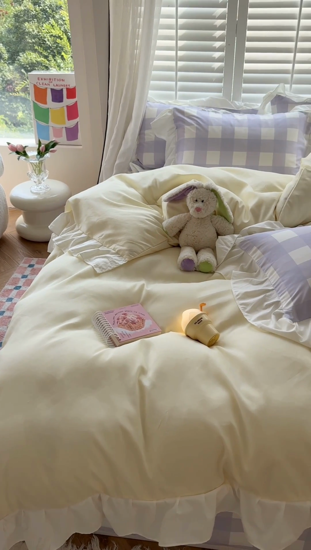 91家纺网 家纺一手货源 找家纺 桃心家居 2024新款A类亲肤舒适软糯云柔水洗棉化纤韩版奶油格子撞色水洗棉系列四件套 水洗棉花边-H黄黄紫格