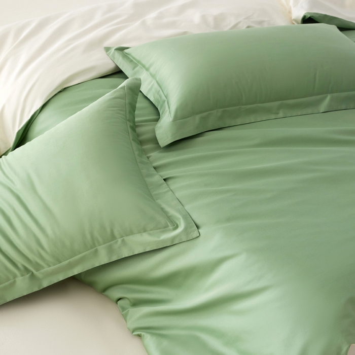 91家纺网 家纺一手货源 找家纺 轩和家居 2024新款A类50S贡缎长绒棉四件套系列 抹茶绿+奶芋黄