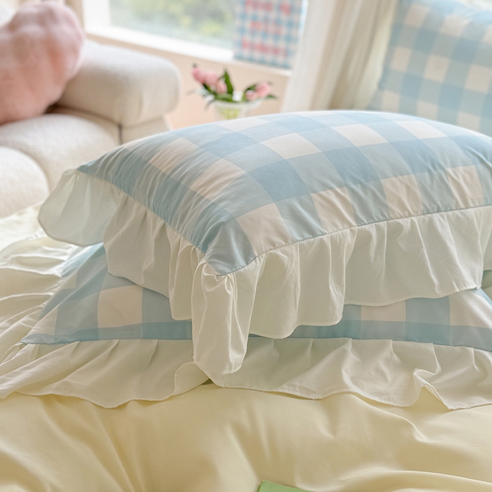 91家纺网 家纺一手货源 找家纺 桃心家居 2024新款A类亲肤舒适软糯云柔水洗棉化纤韩版奶油格子撞色水洗棉系列四件套 水洗棉花边-H黄黄蓝格