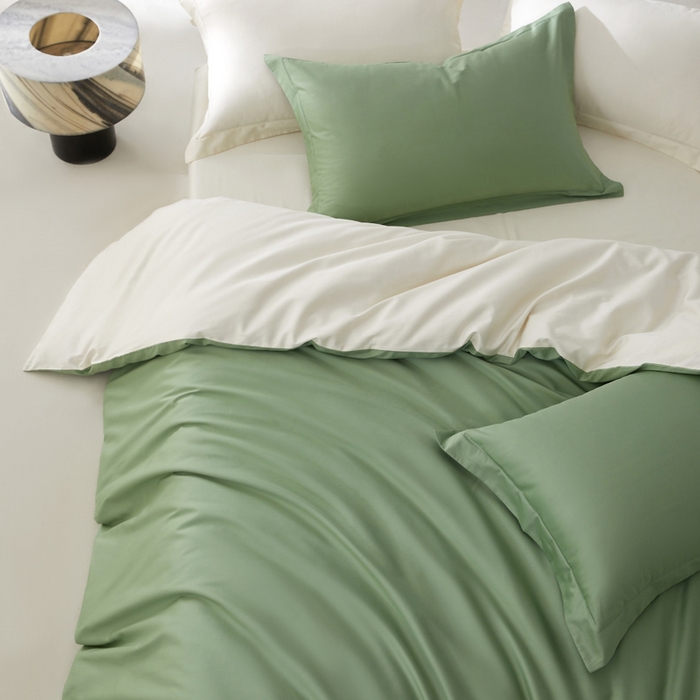 91家纺网 家纺一手货源 找家纺 轩和家居 2024新款A类50S贡缎长绒棉单被套系列 抹茶绿+浅香槟