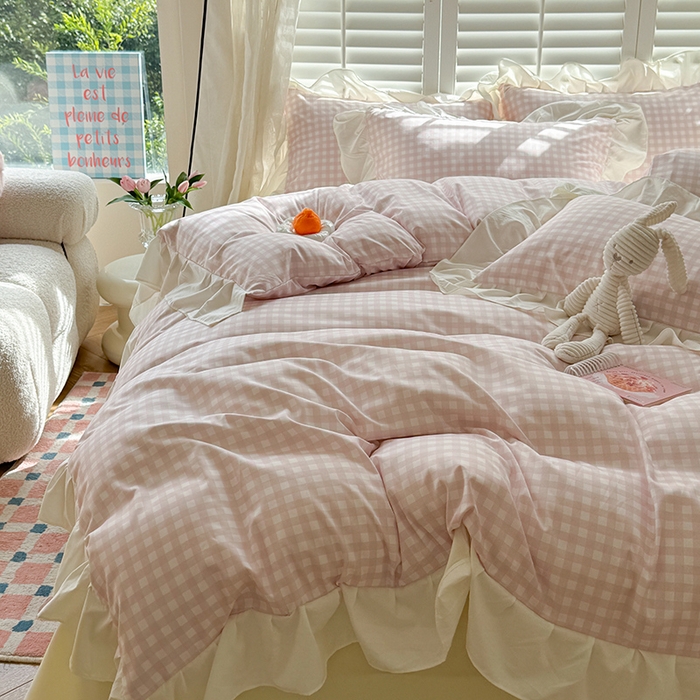 91家纺网 家纺一手货源 找家纺 （总）桃心家居 2024新款A类亲肤舒适软糯云柔水洗棉化纤韩版奶油格子撞色水洗棉系列四件套