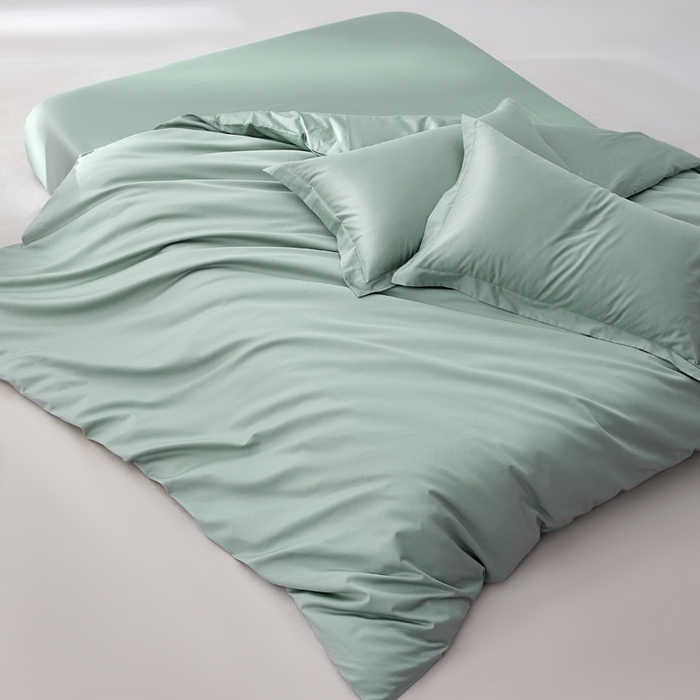 91家纺网 家纺一手货源 找家纺 轩和家居 2024新款A类50S贡缎长绒棉四件套系列 薄荷绿