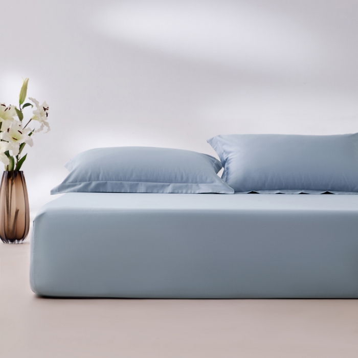 91家纺网 家纺一手货源 找家纺 轩和家居 2024新款A类50S贡缎长绒棉单床笠系列 碧落蓝