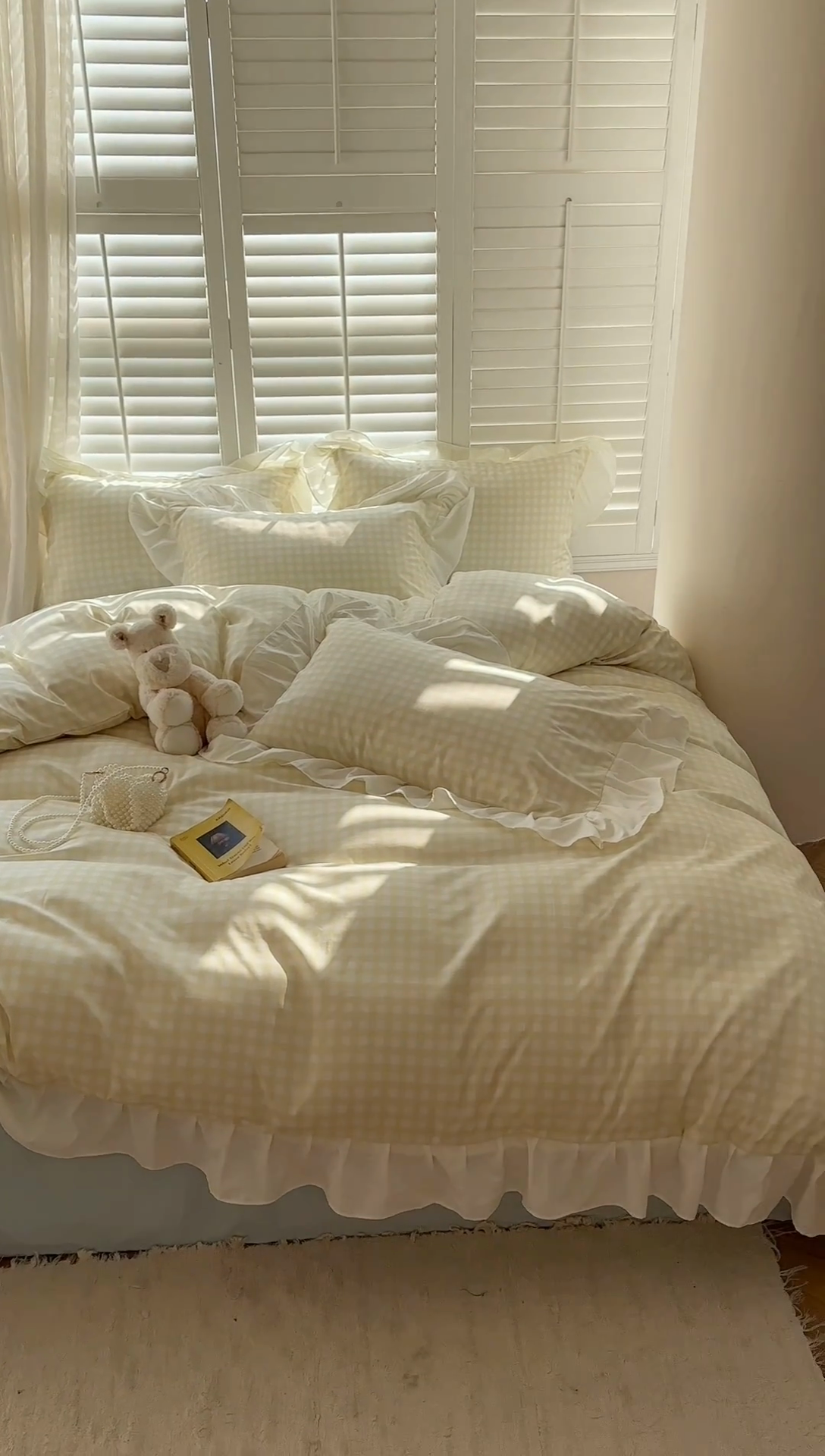 91家纺网 家纺一手货源 找家纺 桃心家居 2024新款A类亲肤舒适软糯云柔水洗棉化纤韩版奶油格子撞色水洗棉系列四件套 水洗棉花边-H奶黄格蓝