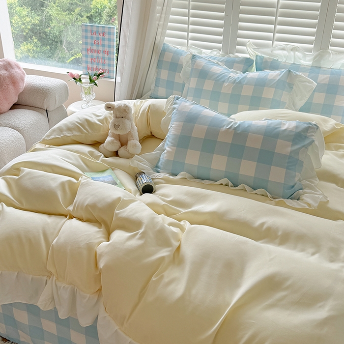 91家纺网 家纺一手货源 找家纺 桃心家居 2024新款A类亲肤舒适软糯云柔水洗棉化纤韩版奶油格子撞色水洗棉系列四件套 水洗棉花边-H黄黄蓝格