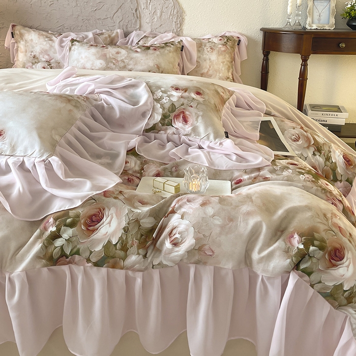 91家纺网 家纺一手货源 找家纺 A类全工艺全棉磨毛四件套纯棉雪纺纱拼接浪漫法式风加厚保暖床单被套秋冬床上用品 奈雪粉