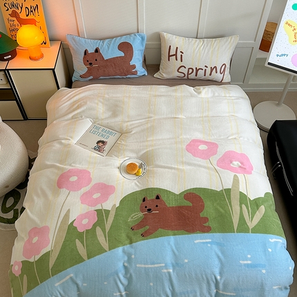 桃喜 2024新款大版数码印花牛奶绒四件套 春游小狗-绒