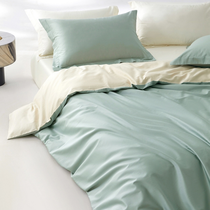 91家纺网 家纺一手货源 找家纺 轩和家居 2024新款A类50S贡缎长绒棉四件套系列 薄荷绿+浅香槟