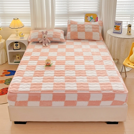 叠派家纺 2024款秋冬北极绒加厚夹棉床笠三件套印花泰迪绒床垫保护罩-格子系列 粉