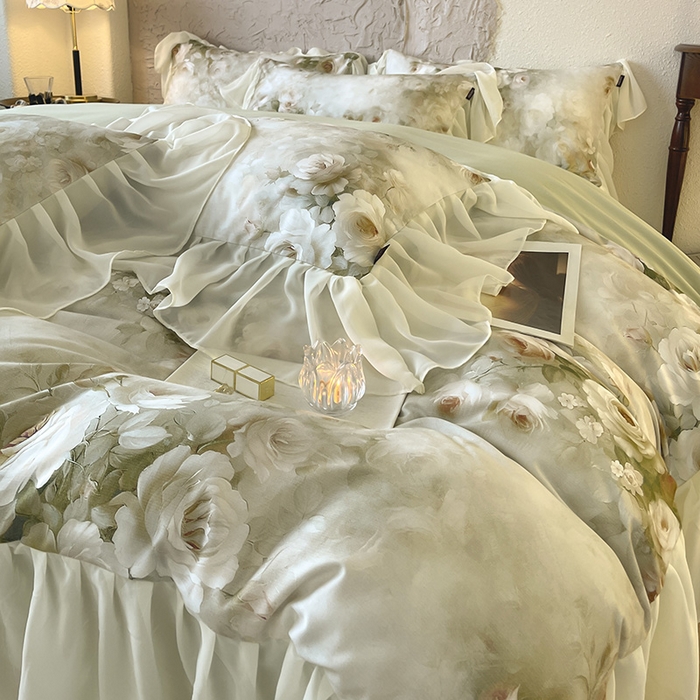 91家纺网 家纺一手货源 找家纺 A类全工艺全棉磨毛四件套纯棉雪纺纱拼接浪漫法式风加厚保暖床单被套秋冬床上用品 星玥绿