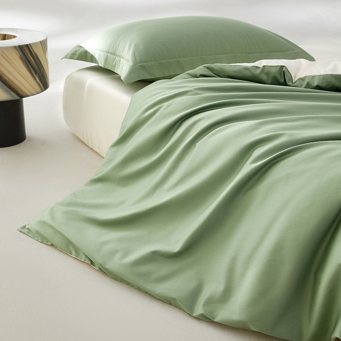 91家纺网 家纺一手货源 找家纺 轩和家居 2024新款A类50S贡缎长绒棉单被套系列 抹茶绿+浅香槟
