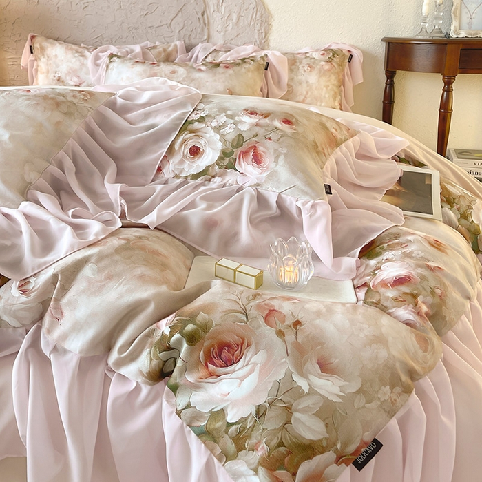 91家纺网 家纺一手货源 找家纺 A类全工艺全棉磨毛四件套纯棉雪纺纱拼接浪漫法式风加厚保暖床单被套秋冬床上用品 奈雪粉